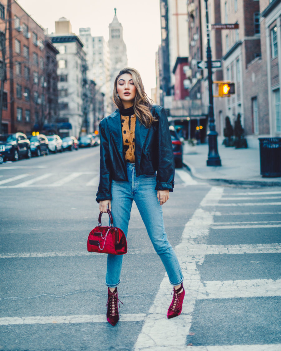 how to make your clothes last longer, leopard cardigan, leather jacket and jeans, red lace up boots // Notjessfashion.com