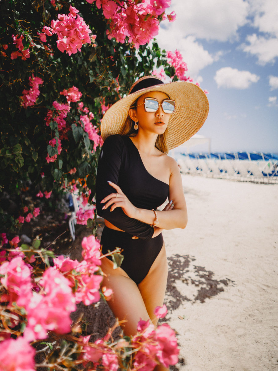 2021 swimwear trends - retro, high cuts swimsuit, belted waist bikini, Myra One Shoulder Bikini and bottom, coin Earrings, Dita Narcissus Sunglasses, APM Monaco Jewelry // Jessica Wang - Notjessfashion.com