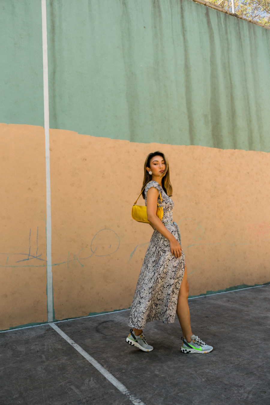 quarantine capsule wardrobe featuring snake print dress and nike sneakers // Jessica Wang - Notjessfashion.com