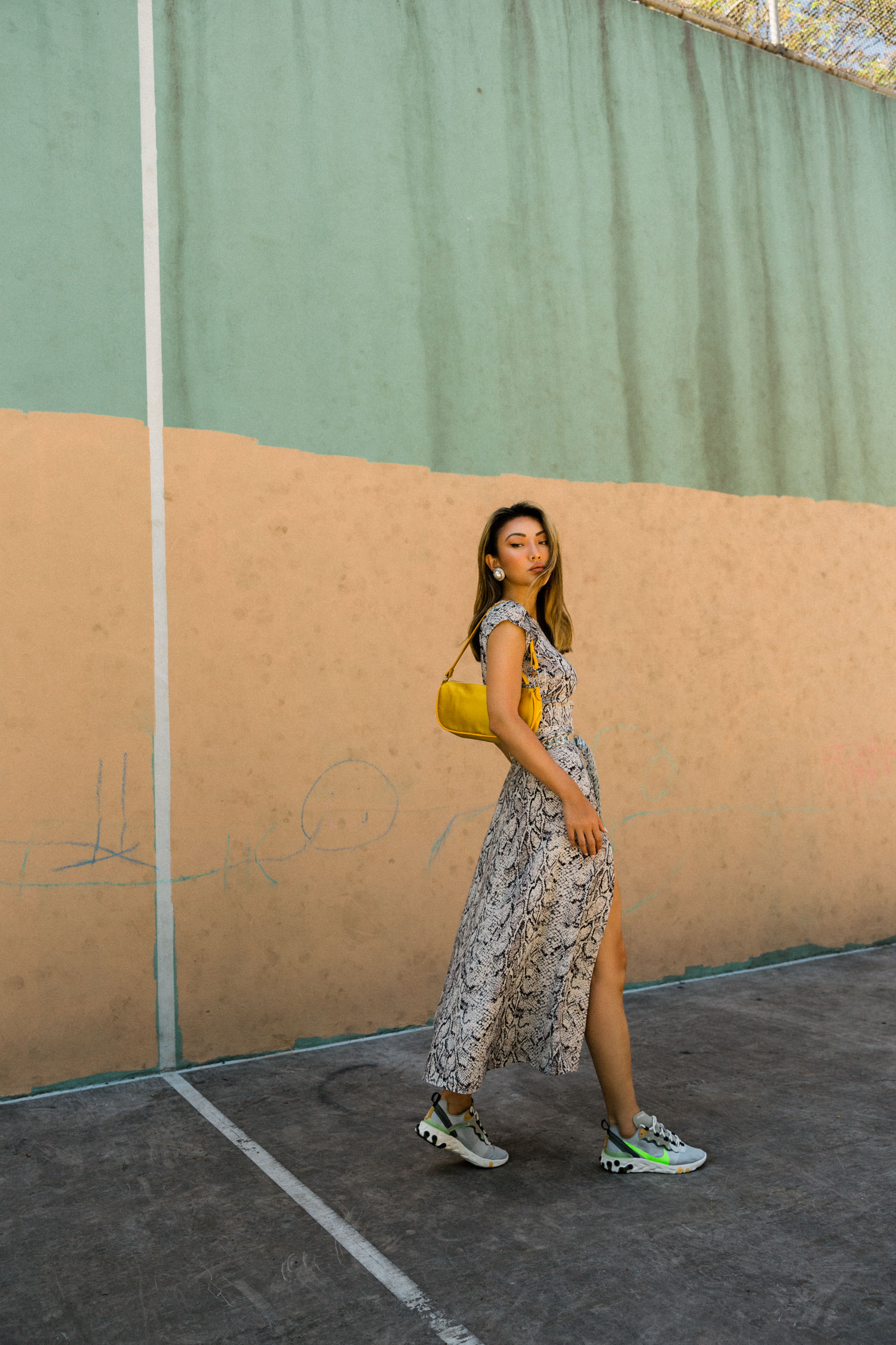 snake print dress, dress and sneakers // Notjessfashion.com