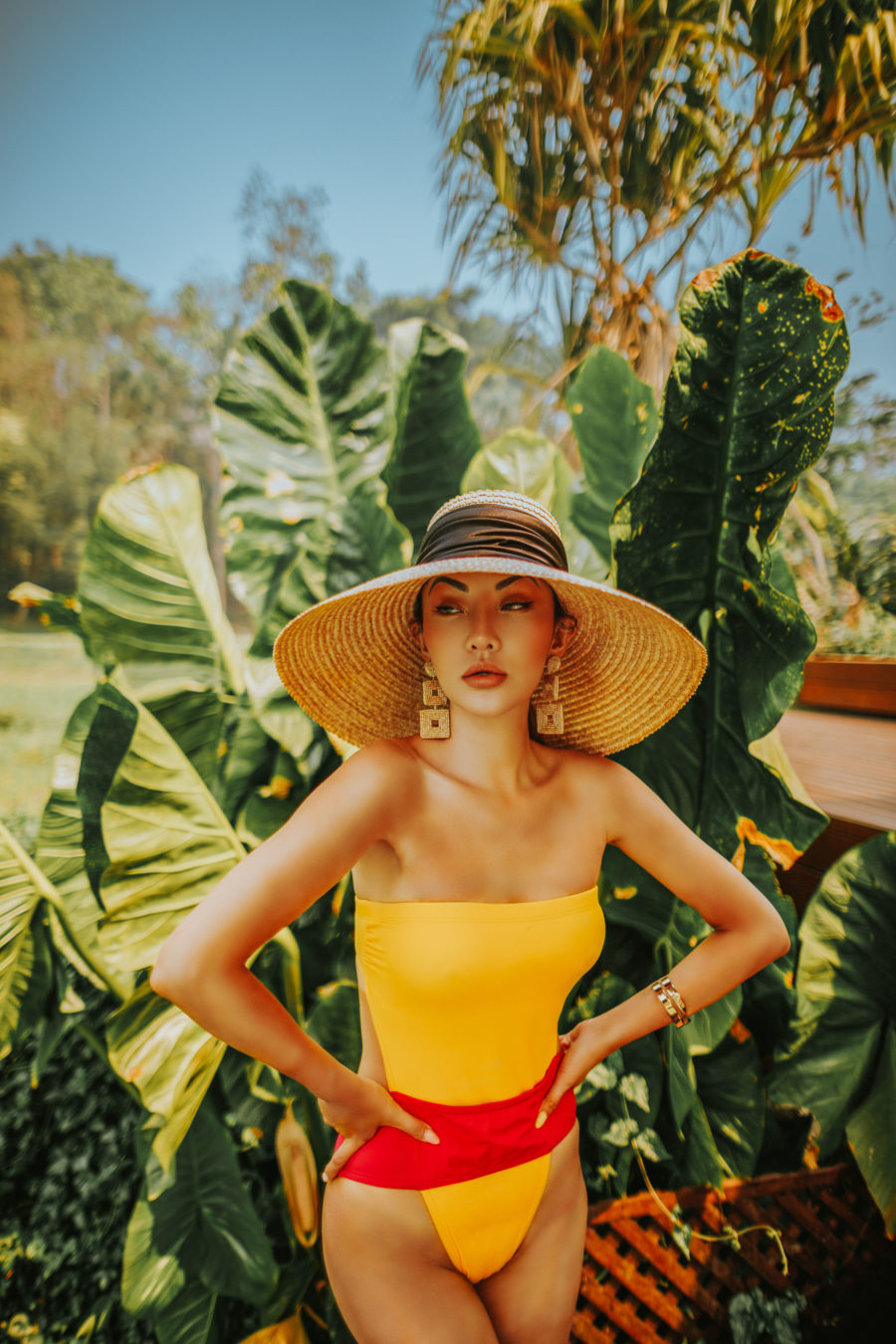 2021 swimwear trends- karla colletto bandaeu one piece swimsuit, yellow cut out, eugenia kim hat, baublebar drop earrings // Jessica Wang - Notjessfashion.com