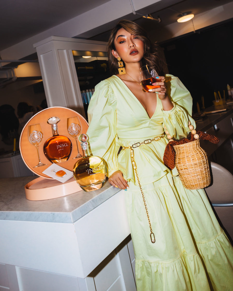 last minute holiday gift guide - wine enthusiast gifts - yellow puff sleeve peplum top, yellow maxi skirt, Loeffler Randall woven basket bucket bag, golden chain belt with pearls// Jessica Wang - Notjessfashion.com
