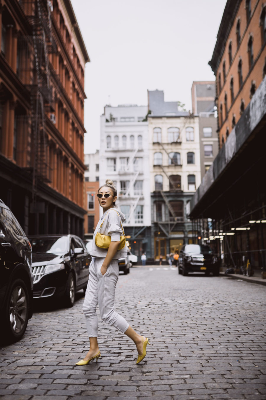 fashion blogger jessica wang wearing jogger set and kitten heels while sharing ways to health and wellness at home // Jessica Wang -Notjessfashion.com