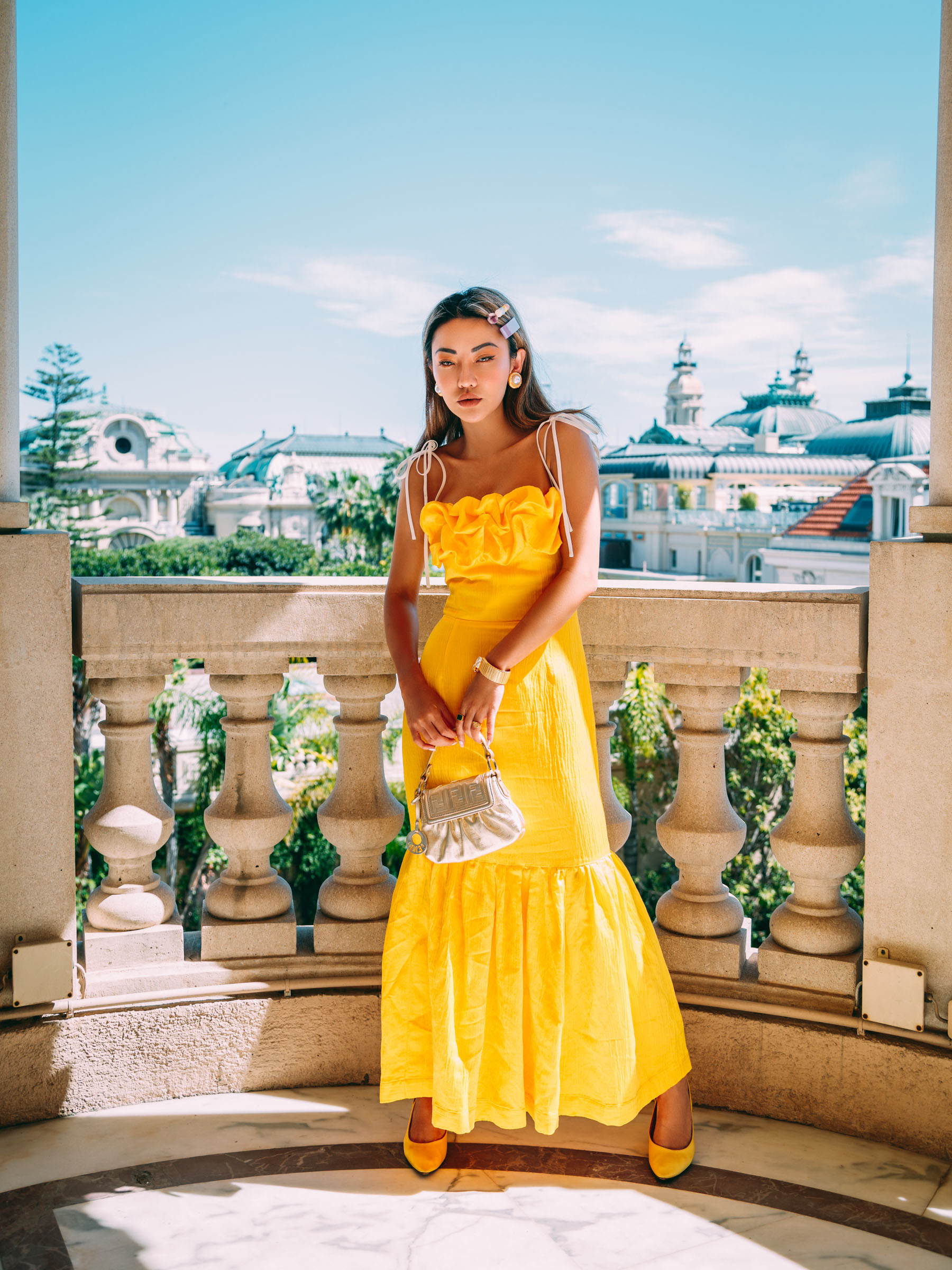 affordable it-girl brands, yellow linen dress, yellow tie strap dress, fendi mini bag, yellow pumps // Notjessfashion.com