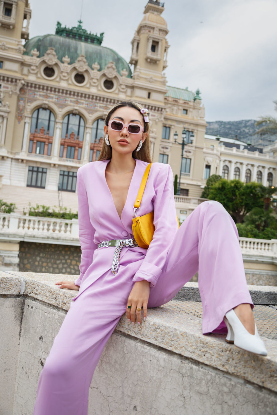 jessica wang wearing a lavender blazer and wide leg pants with white pumps while sharing casual spring suits for women // Jessica Wang - Notjessfashion.com
