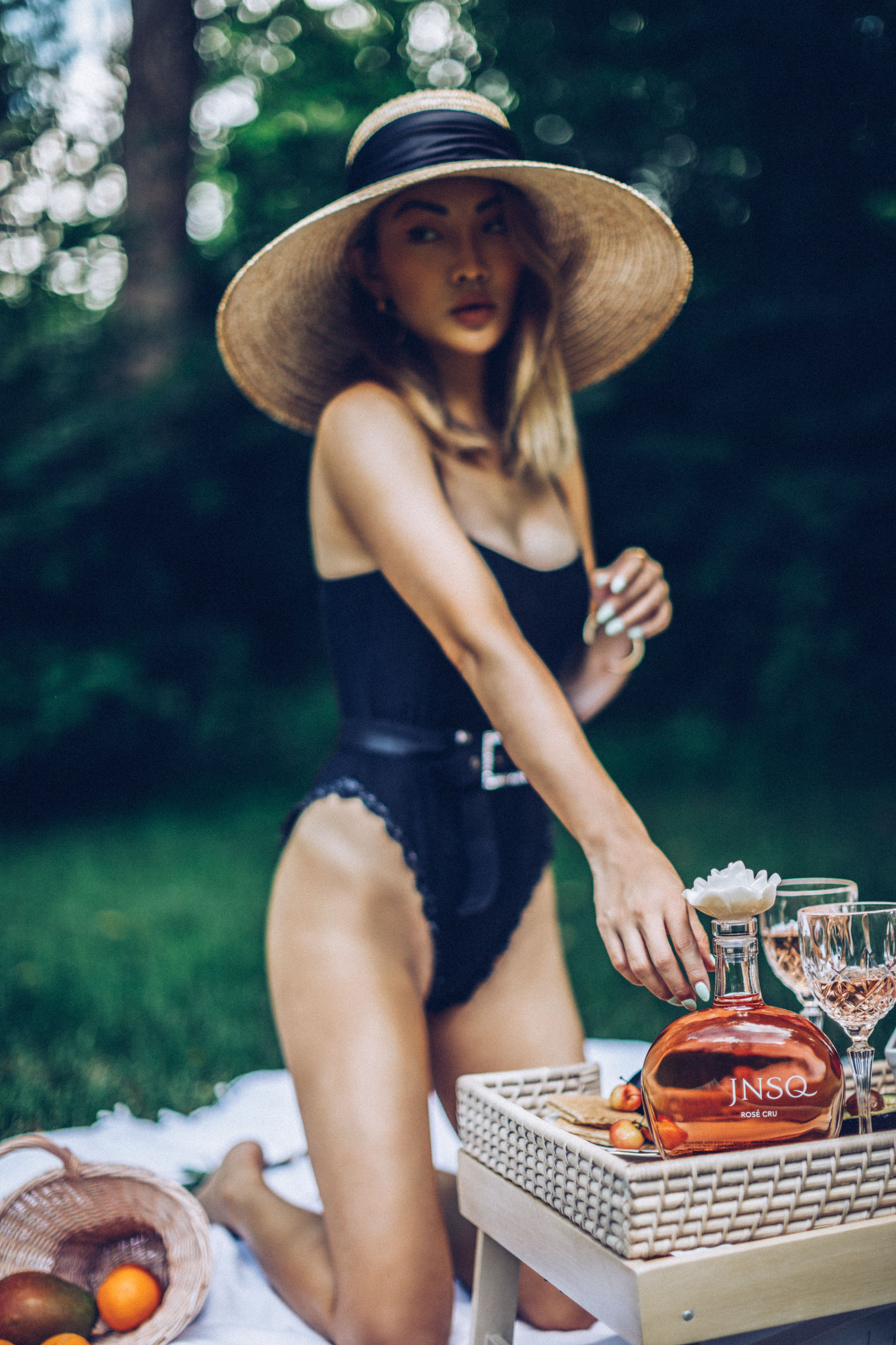 fashion girl's guide to entertaining, jnsq wines, jnsq rose wine, summer rose, black belted bikini, wide brim hat // Notjessfashion.com