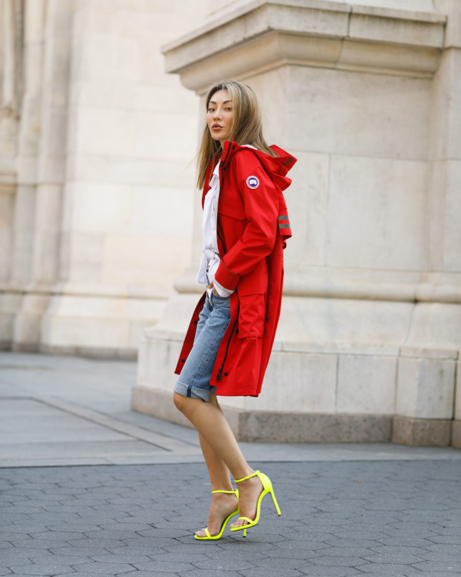 jessica wang wearing red jacket and denim bermuda shorts sharing july 4th designer sales // Jessica Wang - Notjessfashion.com