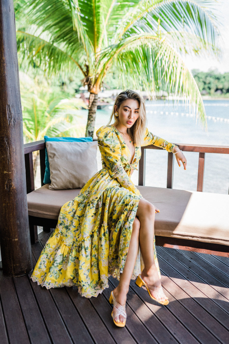 Jessica Wang wearing a trendy vacation outfit featuring a tropical maxi dress // Jessica Wang - Notjessfashion.com