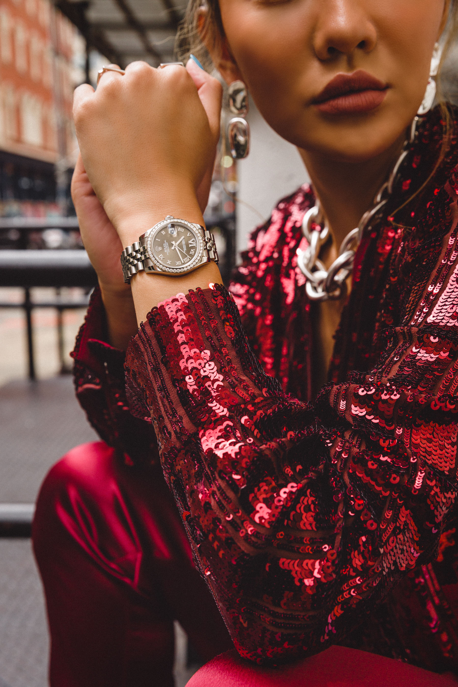 reasons to buy a luxury watch, rolex watch, red sequin top, nyfw street style // Notjessfashion.com