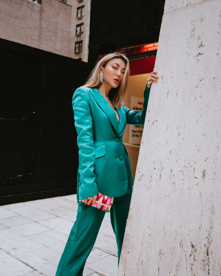 fashion blogger jessica wang wears green power suit and shares tips on how to level up in the workplace // Notjessfashion.com