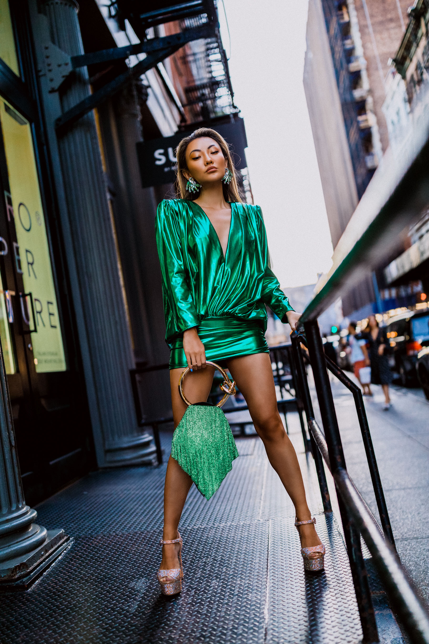 nyfw ss20, metallic green dress, glittery heels, nyfw street style // Notjessfashion.com