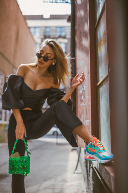 pieces that photograph well, nike airmax react sneakers, flared pants, off the shoulder top // Notjessfashion.com