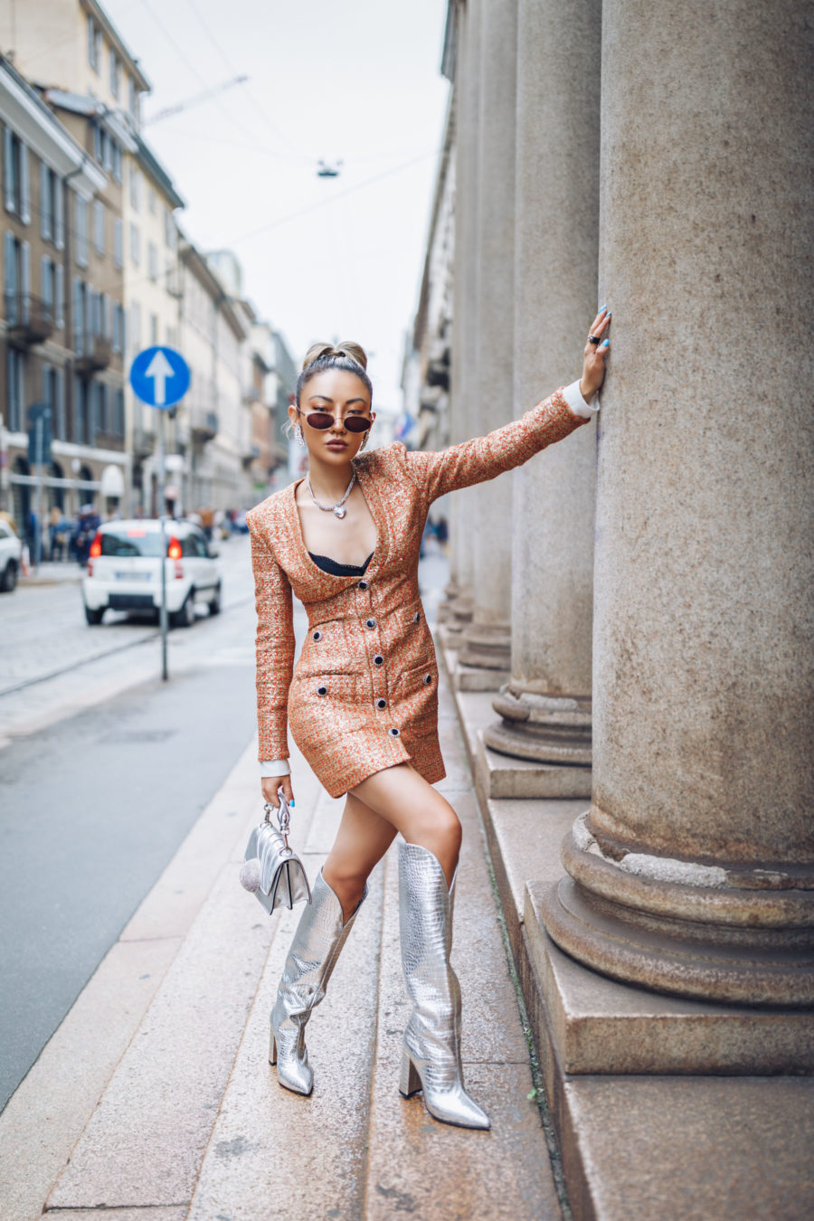 jessica wang wearing a tweed blazer dress with metallic paris texas boots and a gedebe tophandle bag while sharing casual spring suits for women // Jessica Wang - Notjessfashion.com