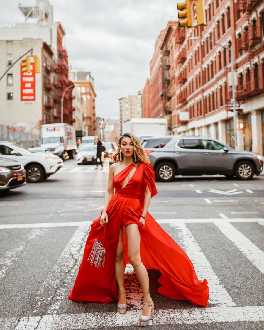 jessica wang wearing a red gown for a modern lunar new year look // Jessica Wang - Notjessfashion.com