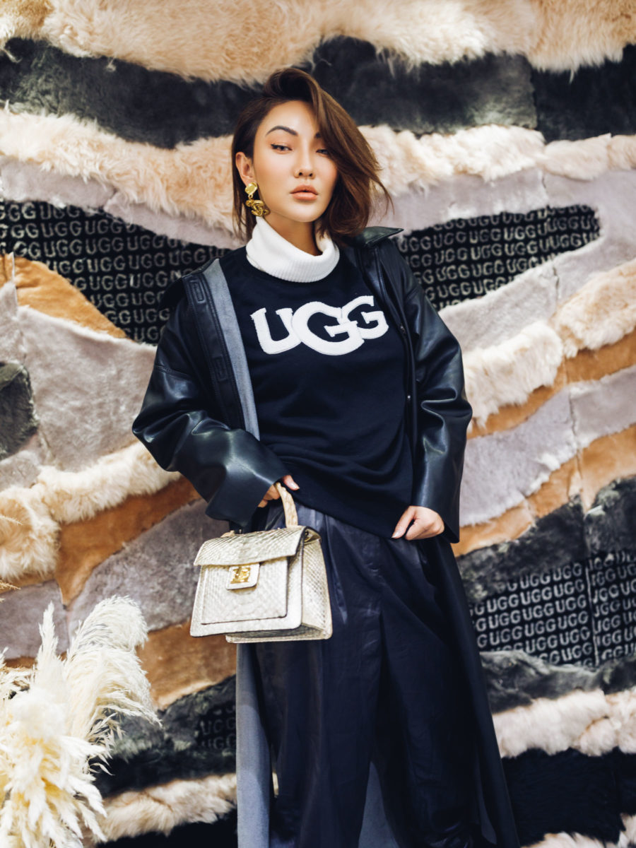 fashion blogger jessica wang wears ugg sweatshirt and leather jacket while sharing the best pre-black friday sales 2019 // Notjessfashion.com