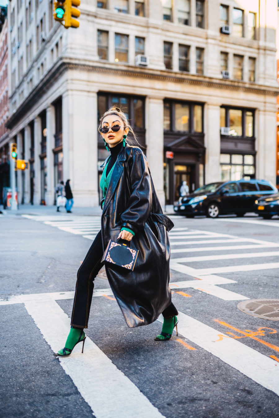 Jessica Wang wearing a leather trench with black pants and green socks // Jessica Wang - Notjessfashion.com
