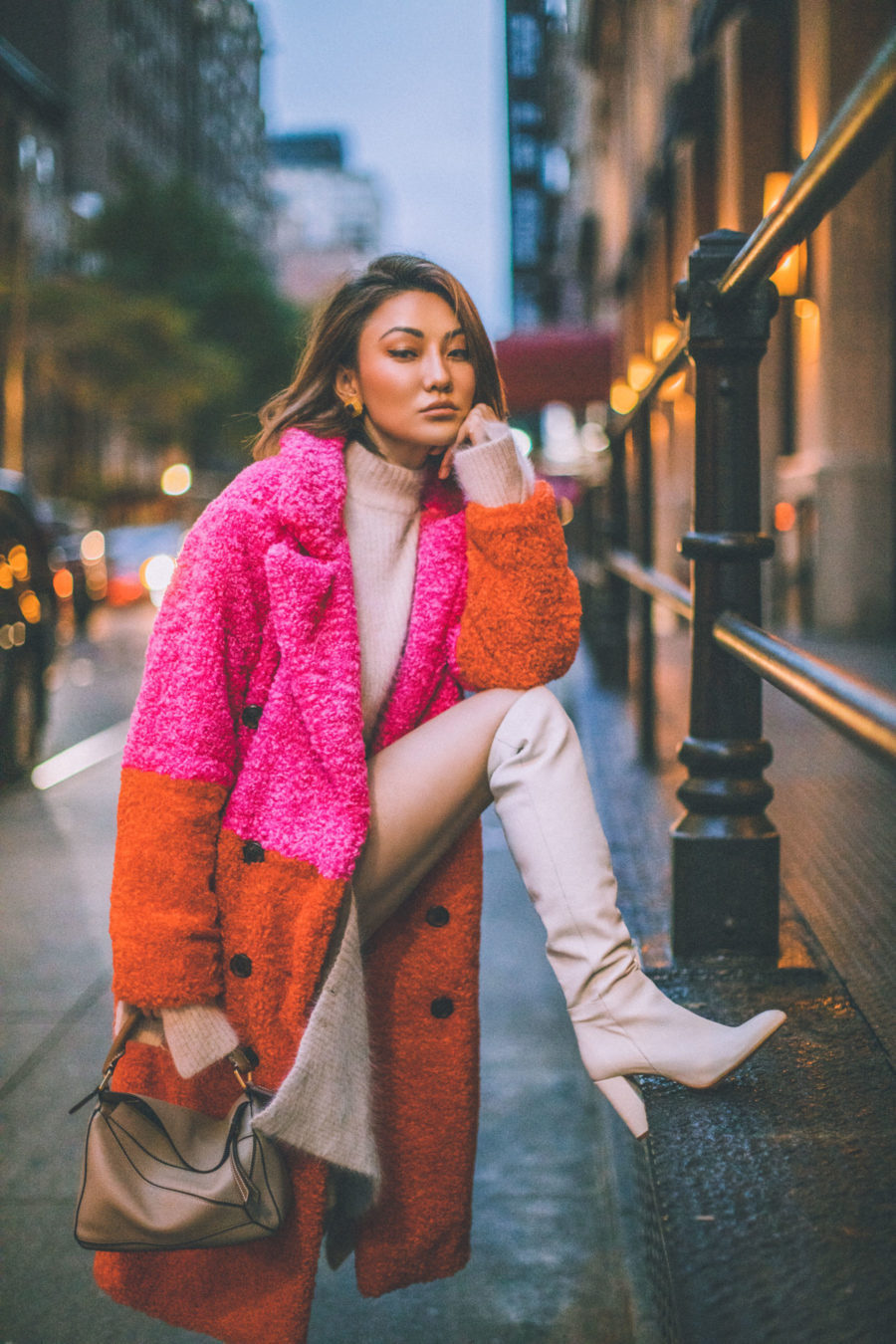 fashion blogger jessica wang shares holiday outfit ideas wearing matching knit set and blank nyc color block coat // Notjessfashion.com