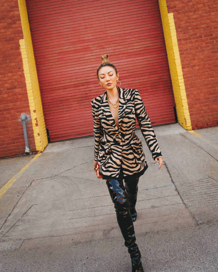 jessica wang wearing trendy fall prints featuring a tiger print blazer // Jessica Wang - Notjessfashion.com
