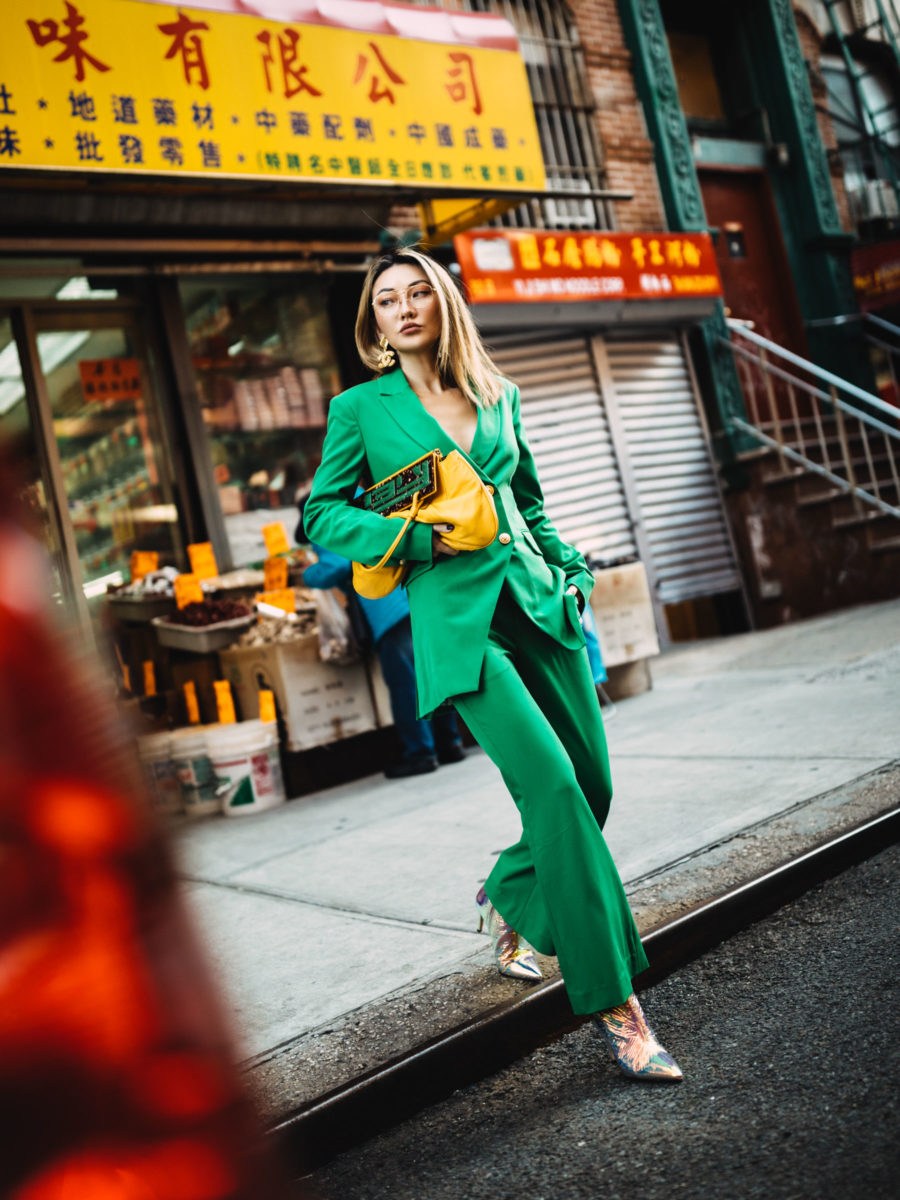 jessica wang wearing a green suit in chinatown nyc and sharing the best ramen restaurants in NYC // Jessica Wang - Notjessfashion.com