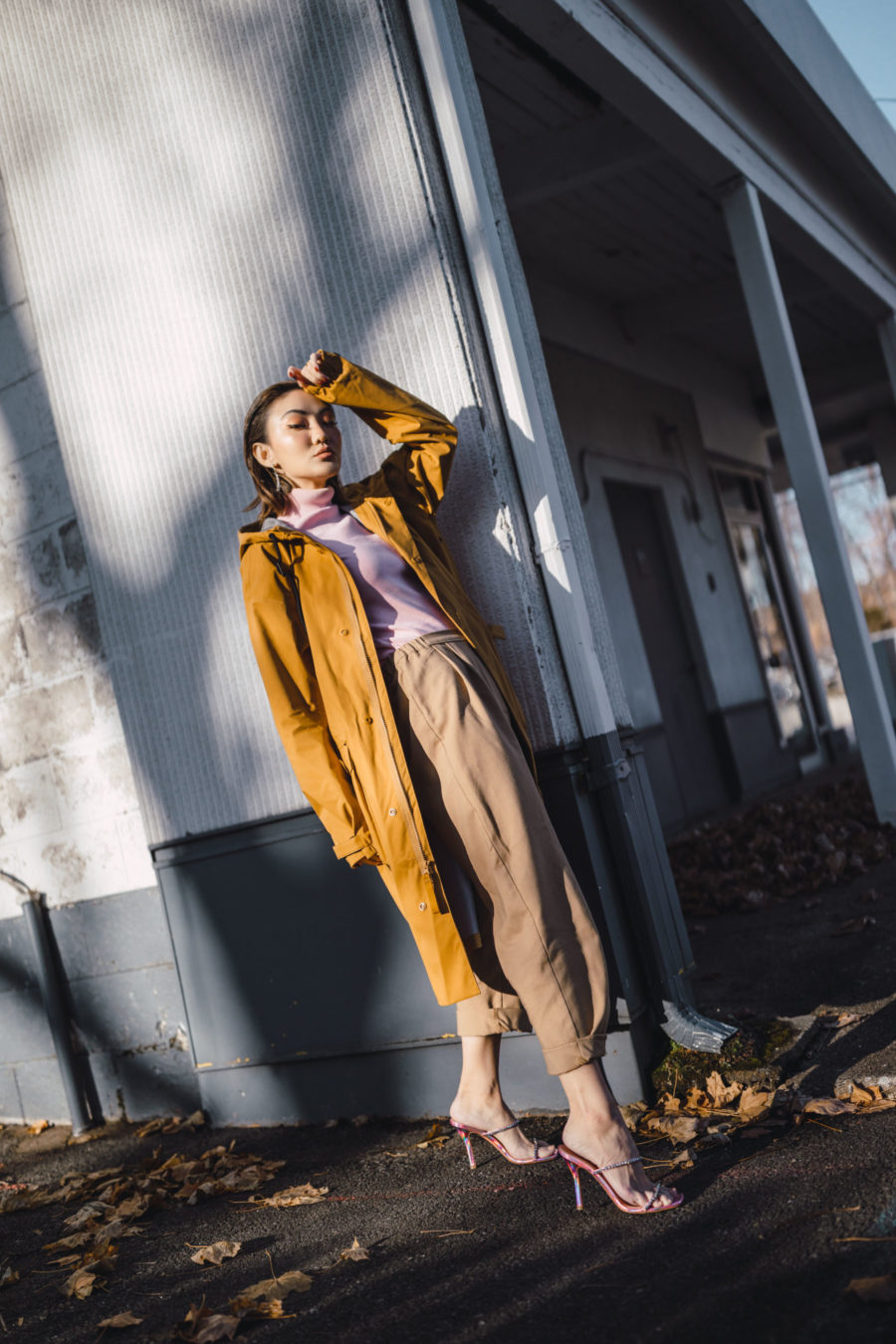 fashion blogger jessica wang dresses up a Nike Parka with turtleneck top trousers and embellished heels // Notjessfashion.com