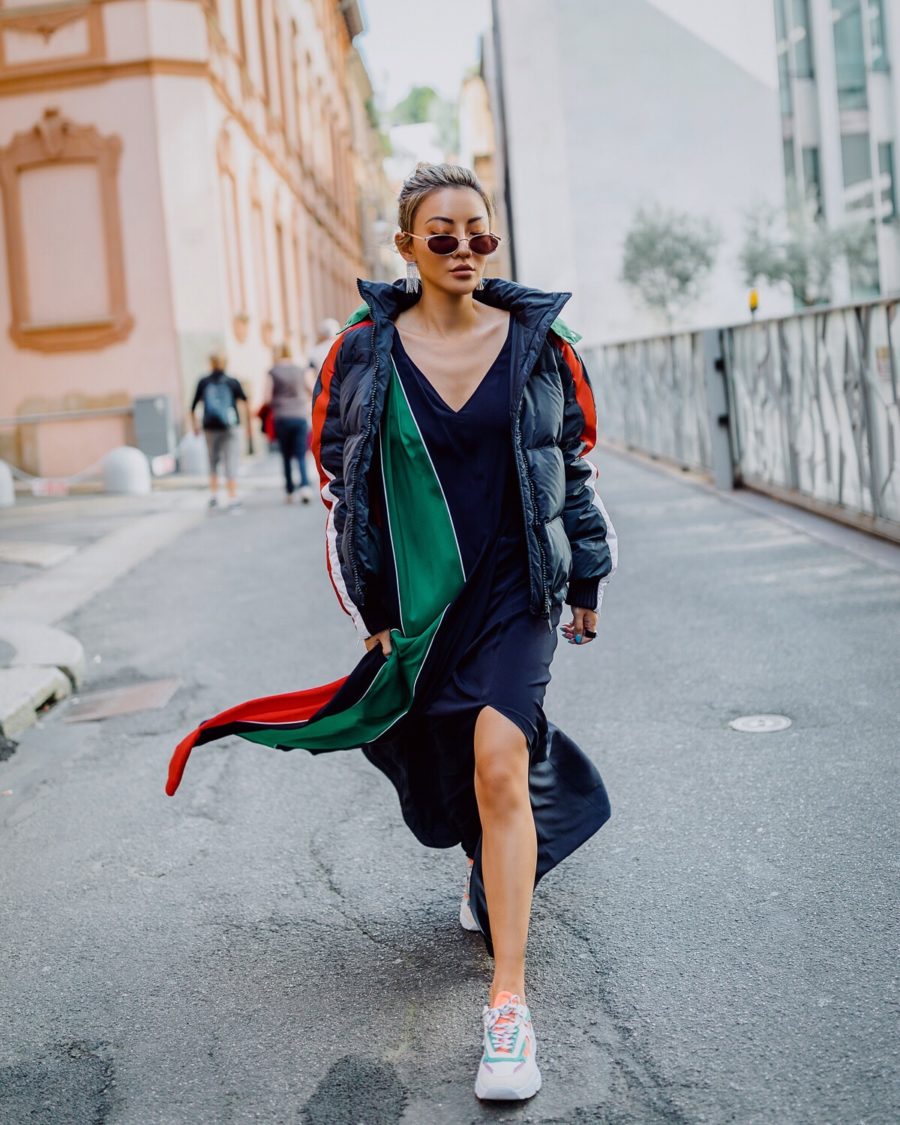 puffer coat and slip dress outfit with sneakers // Notjessfashion.com