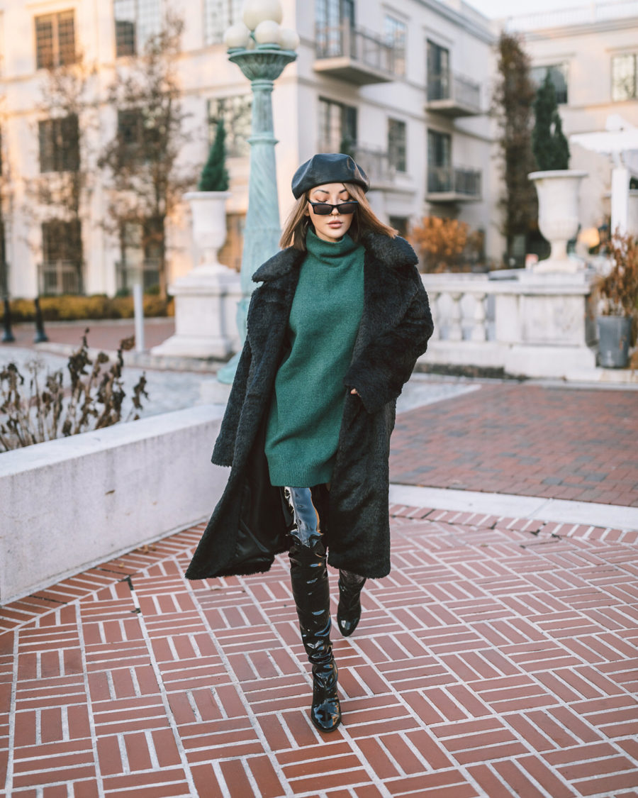 fashion blogger jessica wang wears shearling jacket green tunic sweater and patent leather over the knee boots while sharing ways to track your blog's growth in 2020 // Notjessfashion.com