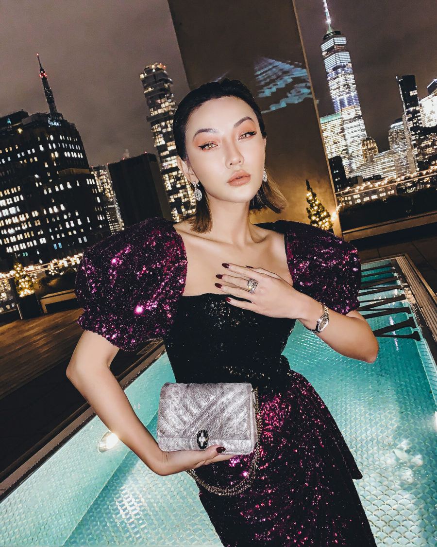 Jessica Wang wearing a puff sleeve sequin dress while sharing New Year's Eve outfits // Jessica Wang - Notjessfashion.com