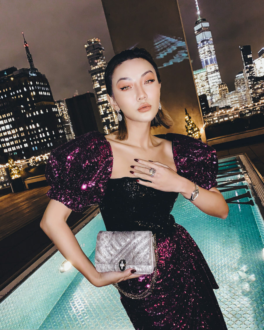 fashion blogger jessica wang shares valentine's day outfits wearing a sequin puff sleeve dress // Notjessfashion.com