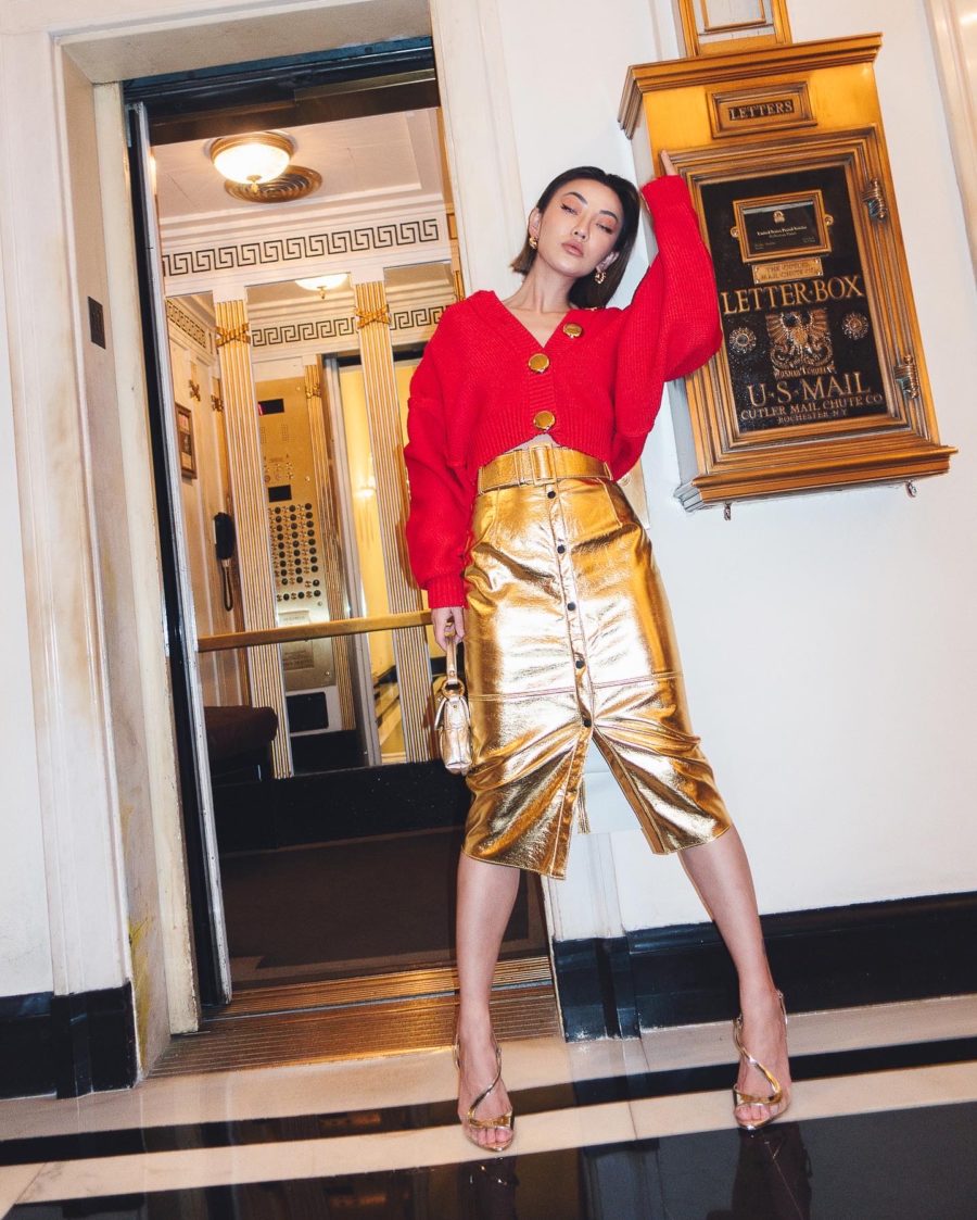 jessica wang wears a red cardigan with a gold pencil skirt // Jessica Wang - Notjessfashion.com