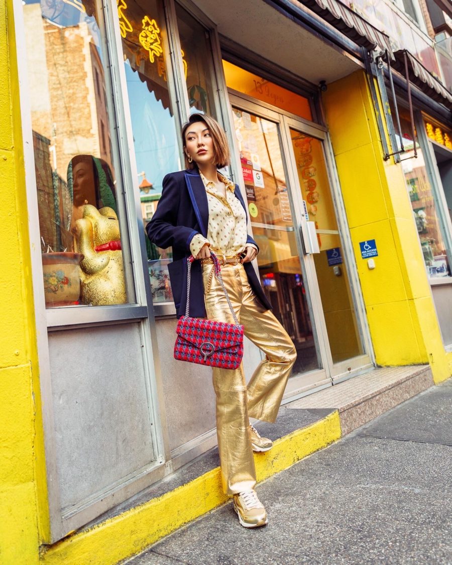 fashion blogger jessica wang shares how to use instagram wearing gold pants and velvet blazer // Notjessfashion.com