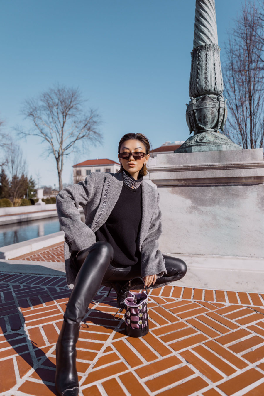fashion blogger jessica wang wears alexander wang blazer leather leggings rhinestone sweater and caged handbag // Notjessfashion.com