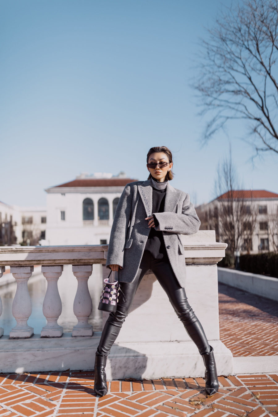 fashion blogger jessica wang wears smart investment pieces featuring alexander wang blazer leather leggings rhinestone sweater and caged handbag // Notjessfashion.com