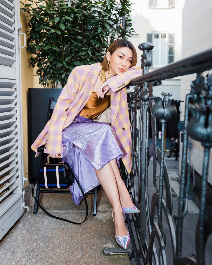 fashion blogger jessica wang shares what's inside her makeup bag, jessica wang wears blaze milano blazer with paco robanne skirt and amina muaddi heels // Notjessfashion.com