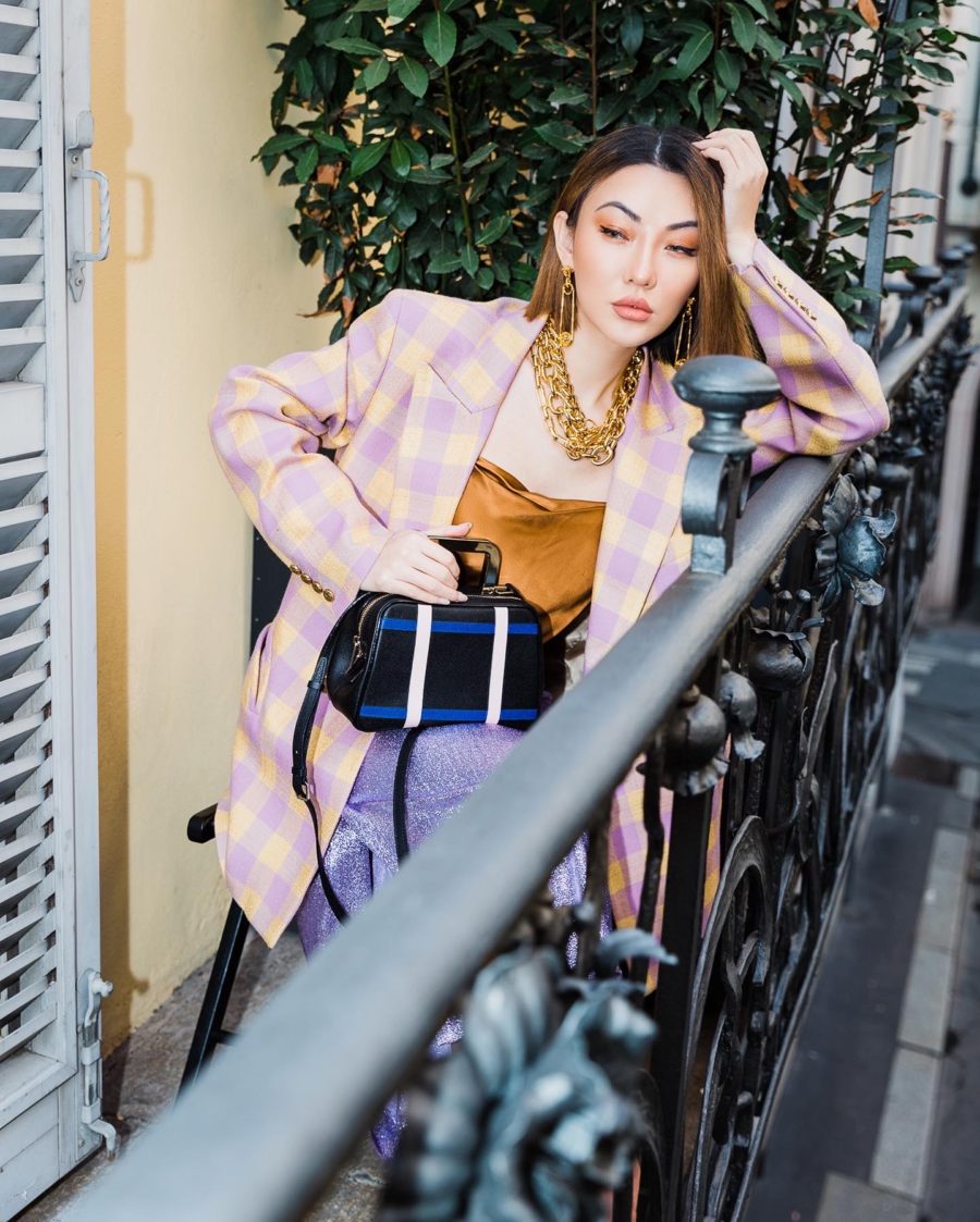 fashion blogger jessica wang shares what's inside her makeup bag, jessica wang wears blaze milano blazer with paco robanne skirt and amina muaddi heels // Notjessfashion.com
