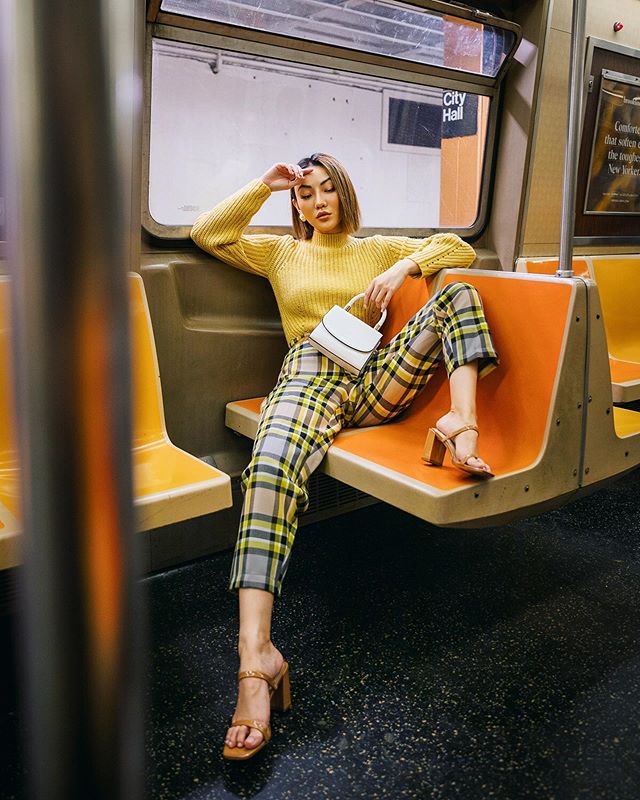 cute thanksgiving outfits by jessica wang - yellow sweater and plaid pants // Jessica Wang - Notjessfashion.com