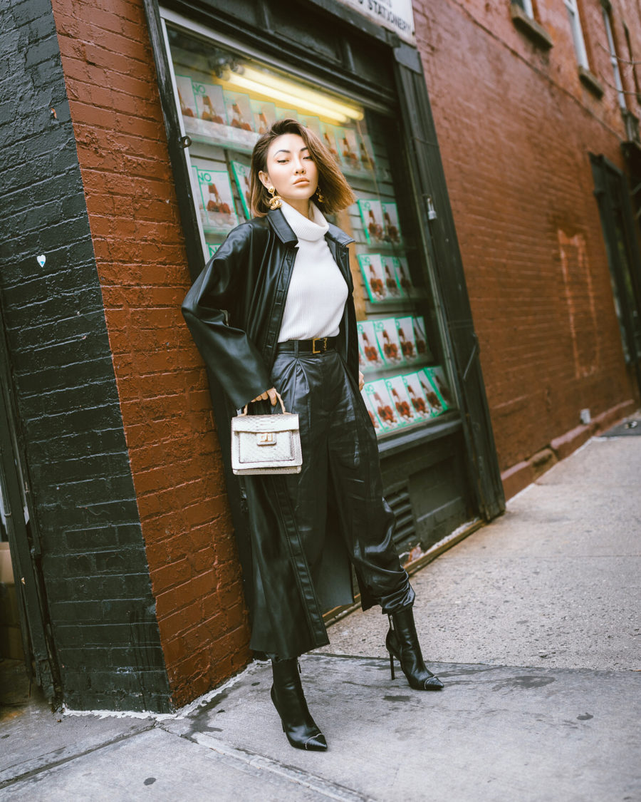 fashion blogger jessica wang shares ways to look more sophisticated on a budget wearing a leather trench coat and leather pants // Notjessfashion.com