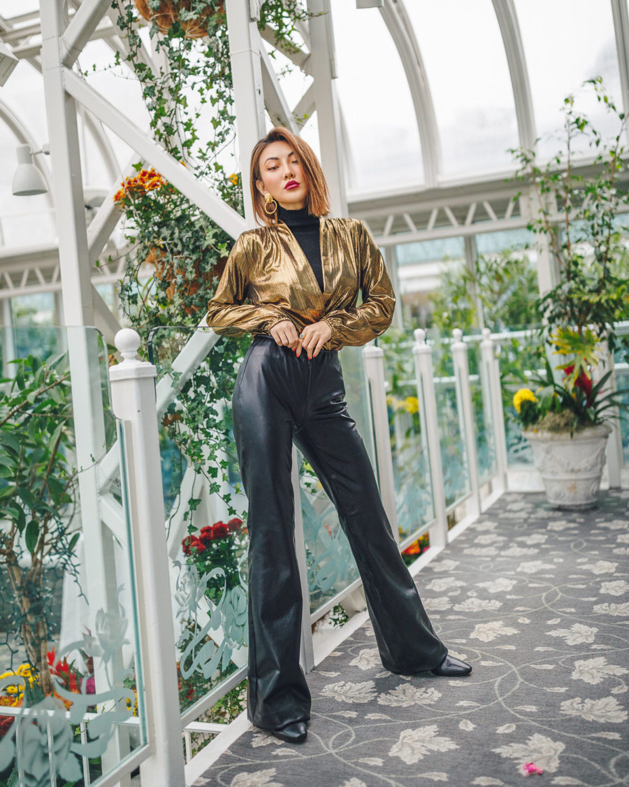 fashion blogger jessica wang shares ways to look more sophisticated on a budget wearing a gold blouse with flared trousers // Notjessfashion.com