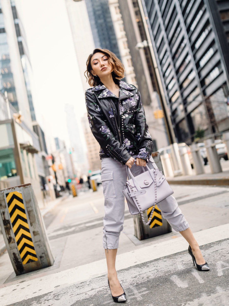 fashion blogger jessica wang wearing spring transitional pieces - michael kors embroidered leather jacket // Notjessfashion.com