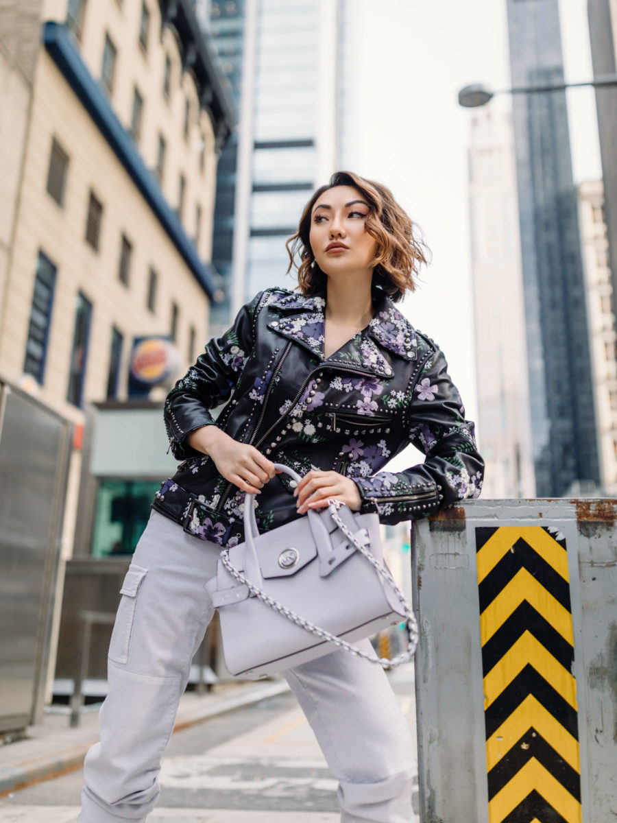 perfect spring outfit featuring michael kors leather jacket joggers and cap toe pumps // Notjessfashion.com