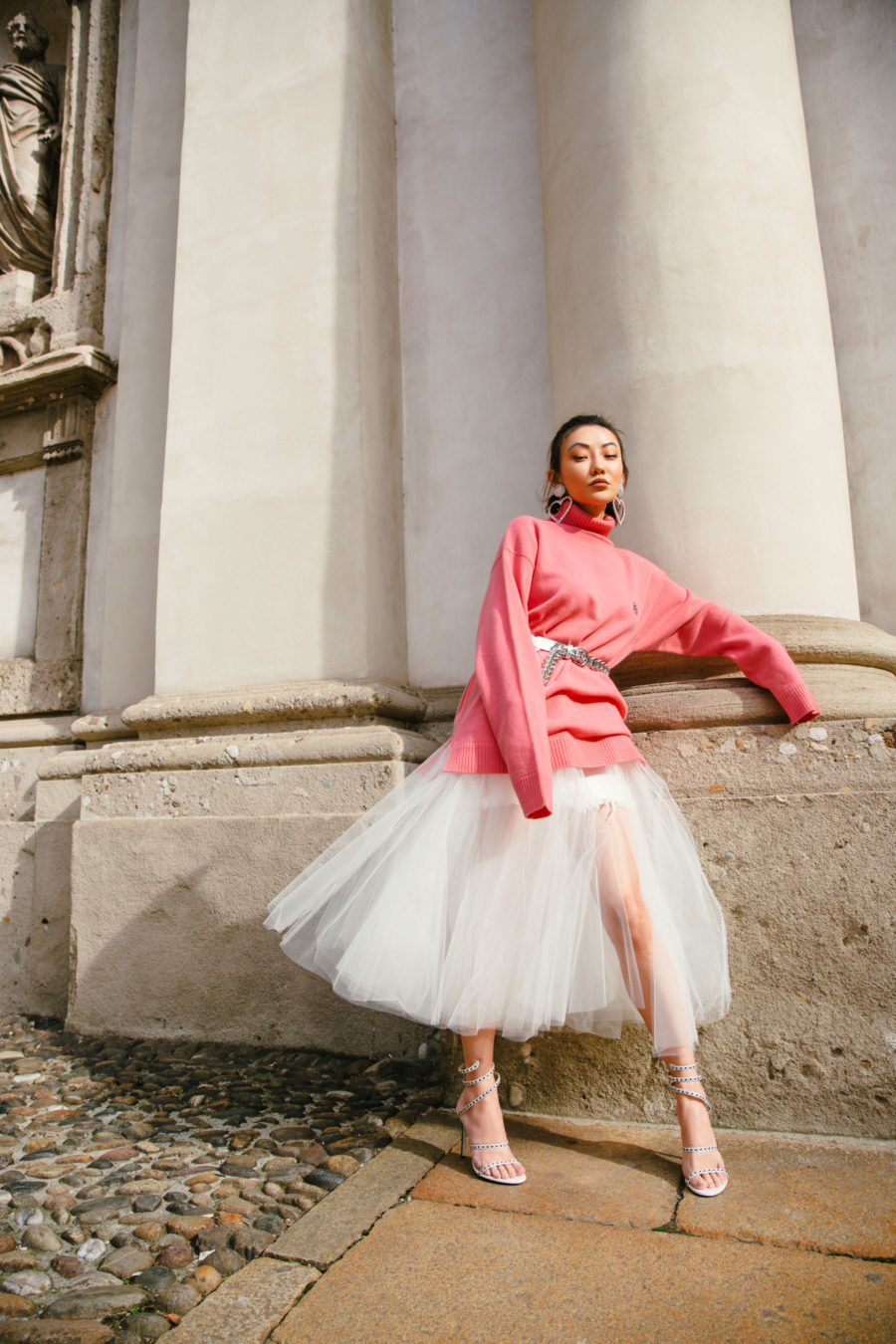 spring trends that are worth the investment featuring coral pink sweater and unravel denim tulle skirt // Notjessfashion.com