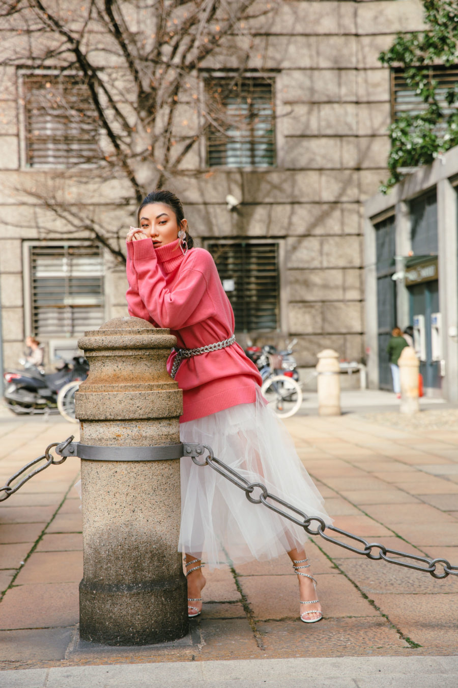 spring trends that are worth the investment featuring coral pink sweater and unravel denim tulle skirt // Notjessfashion.com