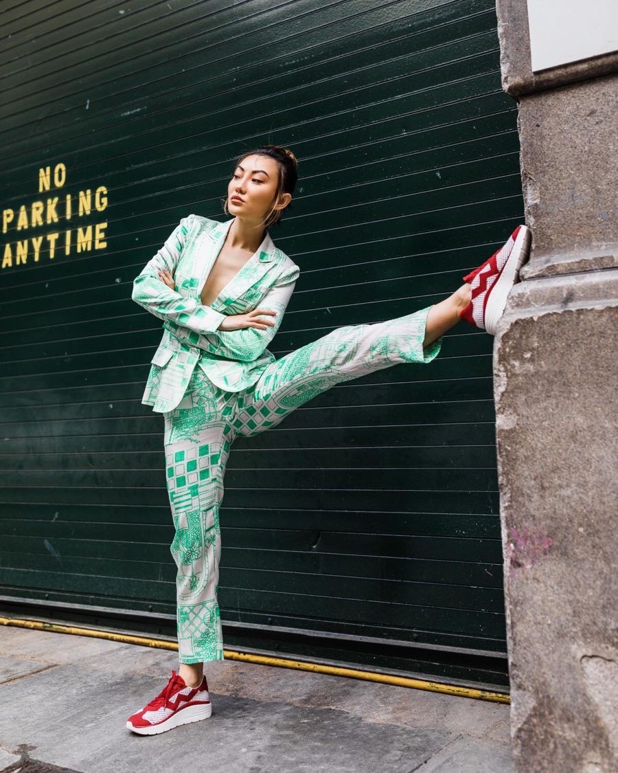 jessica wang wearing a green suit and stuart weitzman hartlee sneakers sharing her favorite fashion and lifestyle brands // Jessica Wang - Notjessfashion.com