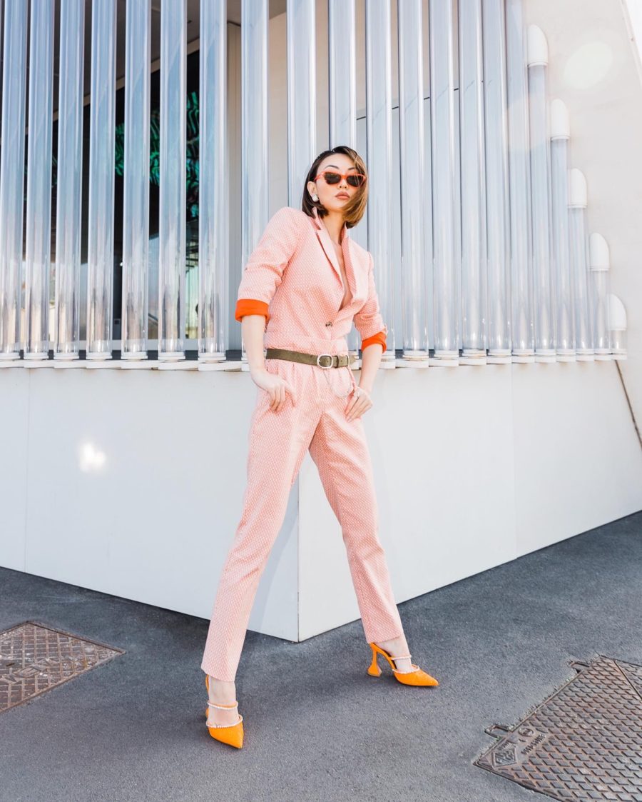 fashion blogger jessica wang wears coral jumpsuit and shares spring color trends // Jessica Wang - Notjessfashion.com