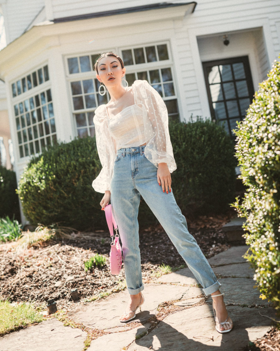 what to wear for labor day - topshop puff sleeve top with blue jeans and white heels // Jessica Wang - Notjessfashion.com