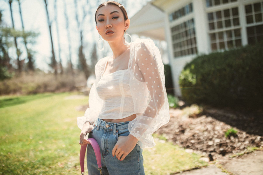 what to wear for labor day - topshop puff sleeve top with blue jeans and white heels // Jessica Wang - Notjessfashion.com