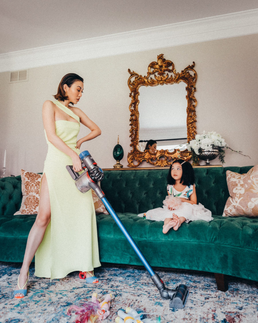 Jessica Wang wearing a yellow gown while vacuuming for a spring home refresh // Jessica Wang - Notjessfashion.com