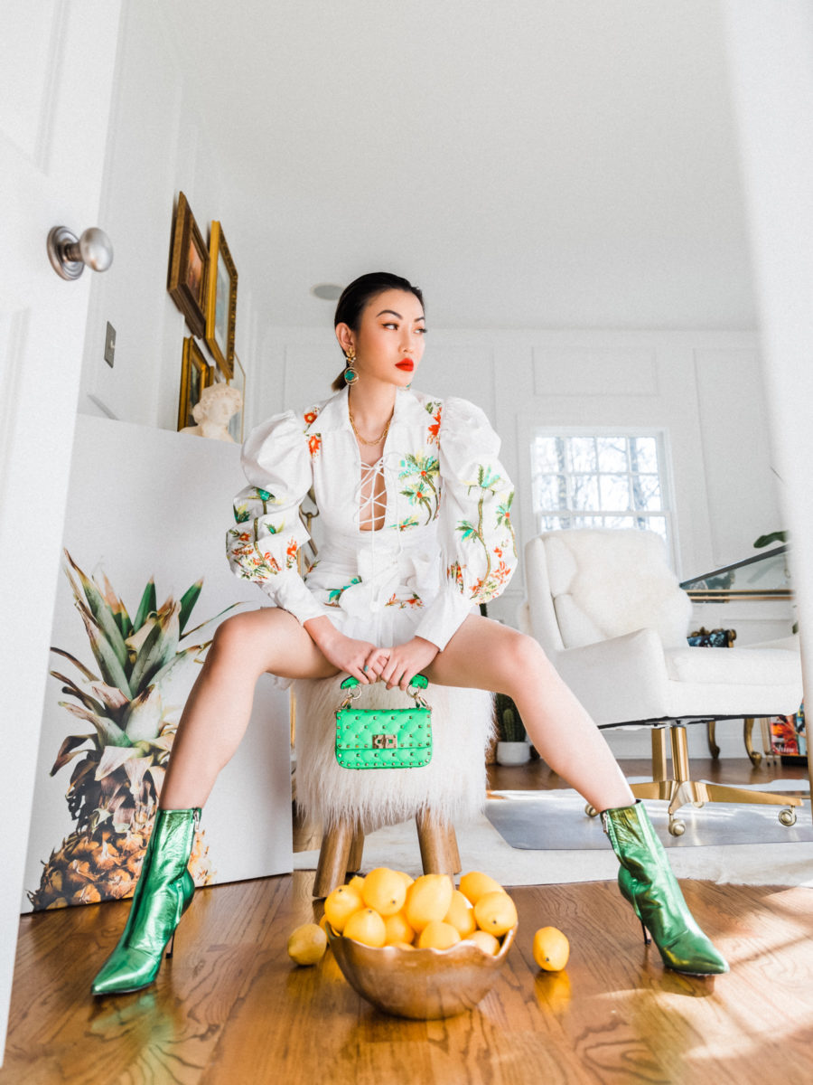 Fall 2020 Boot Trends - bright and bold boots, green Havva mustafa boots, rococo top and shorts, studded valentino handbag // Jessica Wang - Notjessfashion.com