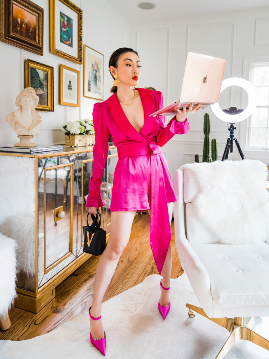 Jessica Wang wearing a fuschia blazer in her office while sharing wfh productivity tips // Jessica Wang - Notjessfashion.com