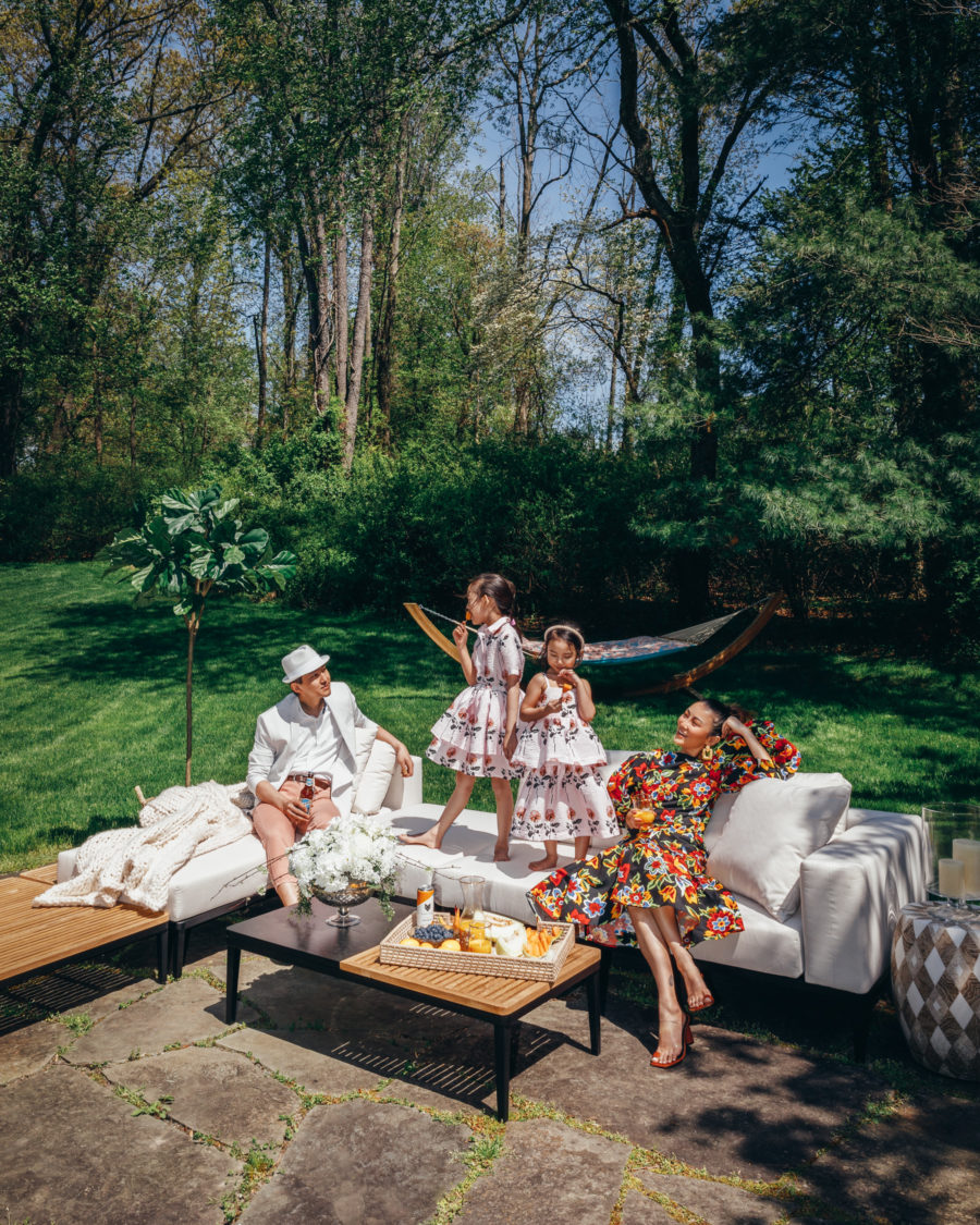 jessica wang wearing a carolina herrera floral dress with neous leather sandals while sharing her favorite outdoor living space decor // Jessica Wang - Notjessfashion.com