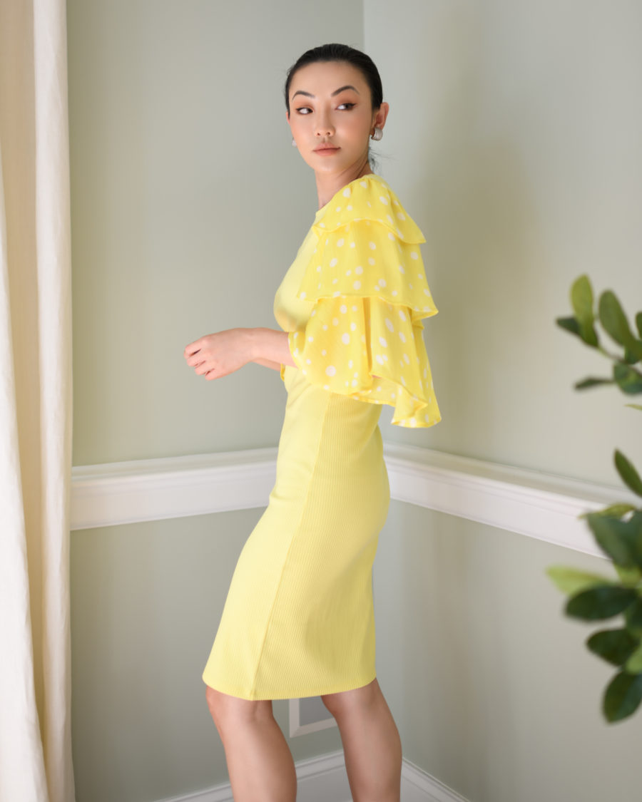 jessica wang x amazon the drop collection yellow sheath dress with tiered sleeves // Jessica Wang - Notjessfashion.com